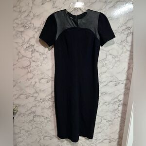 Teri Jon Sportswear Black Crepe Textured Leather Trim Sheath Dress Size 8
